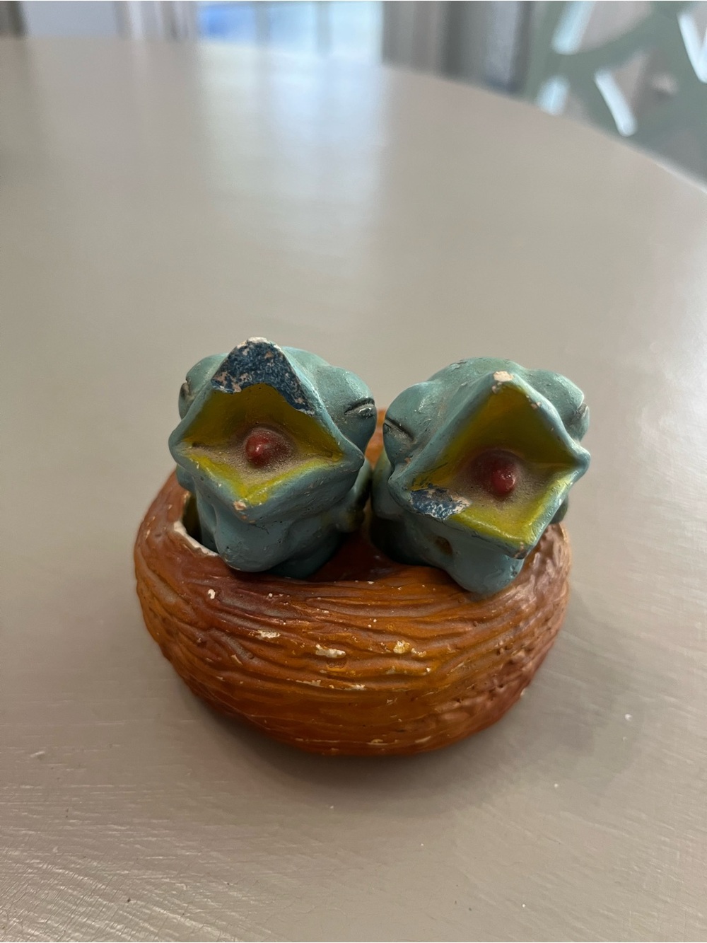 Vintage Chalk ware Bird Nest salt and pepper shaker Pair in Blue and Brown